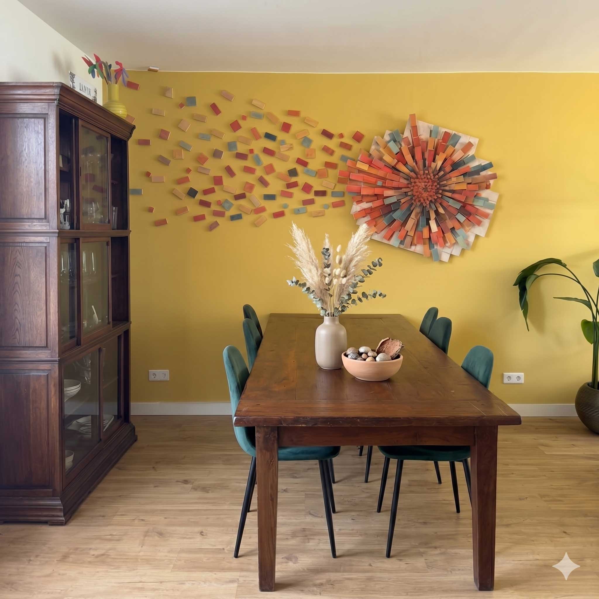 Houten 3D wandwerk in de vorm van een bloem met uitwaaierende blokjes op een gele muur — opdracht door Paula Ackermann