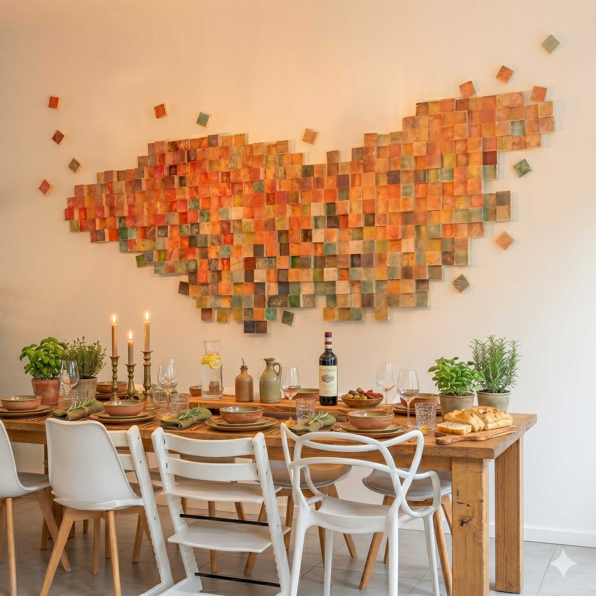 Houten 3D wandwerk in warme mediterrane tinten boven een gedekte eettafel — opdracht door Paula Ackermann